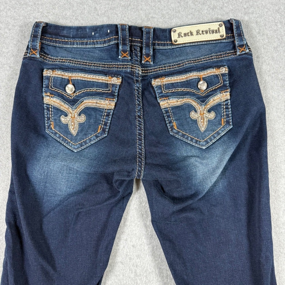Rock Revival Betty Easy Boot Jeans Dark Wash Embroidered Bling Flap Pocket 27